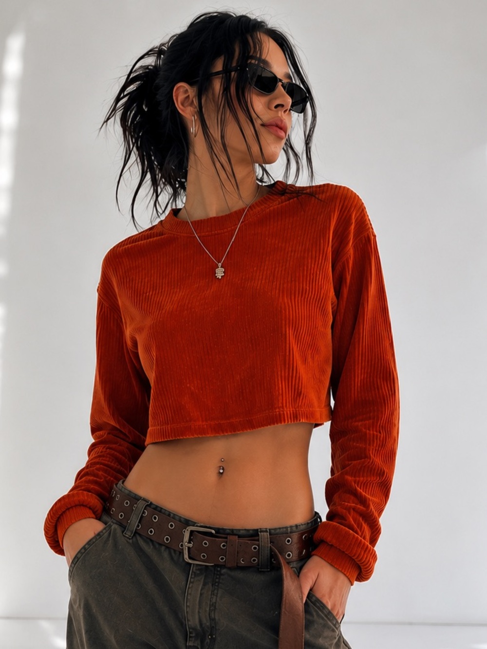 Altar’d State Rust Burnt Orange Corduroy Crop Top Size S